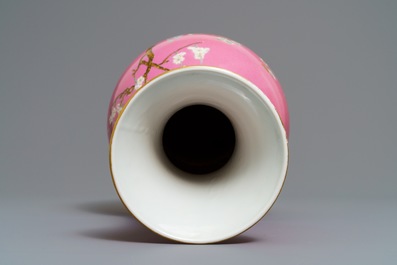 A Chinese famille rose pink-ground vase with floral design, Yongzheng mark, 20th C.