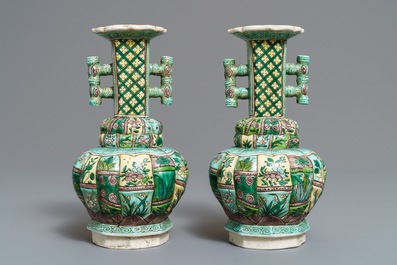 A pair of Chinese verte biscuit vases, Kangxi