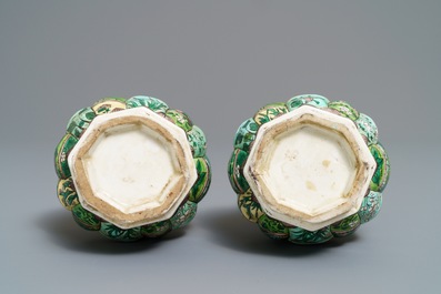 A pair of Chinese verte biscuit vases, Kangxi