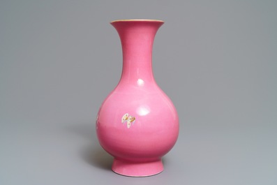 A Chinese famille rose pink-ground vase with floral design, Yongzheng mark, 20th C.