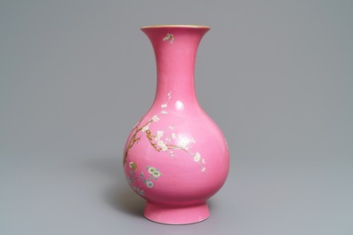 A Chinese famille rose pink-ground vase with floral design, Yongzheng mark, 20th C.