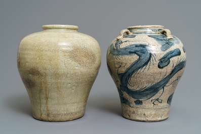 Two Chinese blue and white and monochrome Swatow jars, Ming