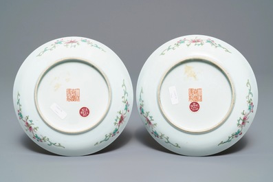 A pair of Chinese famille rose millefleurs plates, Jiaqing mark and of the period