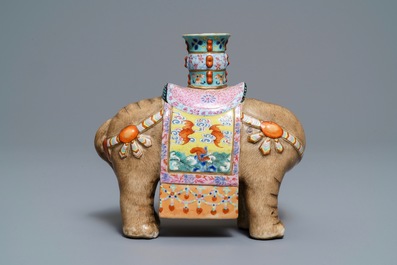 A Chinese famille rose elephant candle holder, Jiaqing