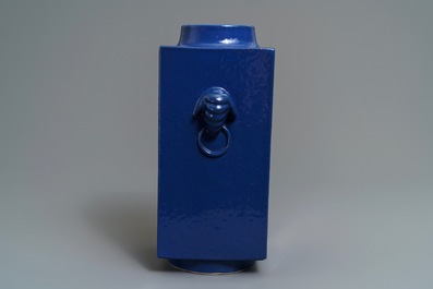 A Chinese monochrome blue cong vase, 19th C.