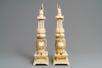 A pair of large inlaid Chinese ivory groups of Buddha and Guanyin on an elephant, ca. 1900