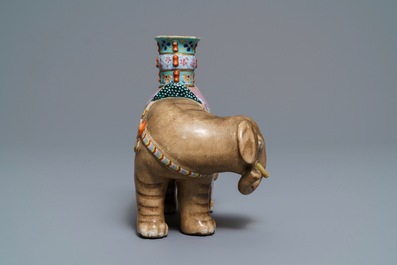 A Chinese famille rose elephant candle holder, Jiaqing