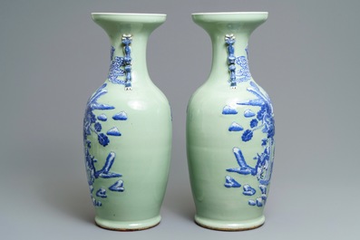 A pair of Chinese blue and white on celadon ground 'immortals' vases, 19th C.