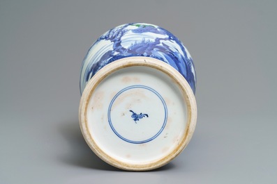 A Chinese blue and white 'river landscape' baluster vase with overglaze accents, Kangxi