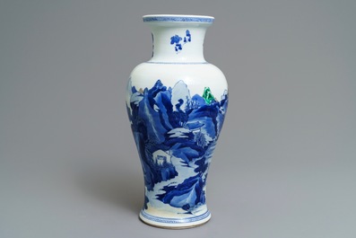 A Chinese blue and white 'river landscape' baluster vase with overglaze accents, Kangxi