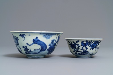 Two Chinese blue and white bowls with animals among flowers, Jiajing