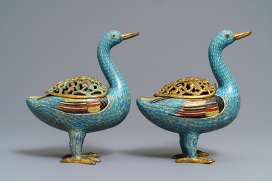 A pair of Chinese cloisonn&eacute; duck-shaped incense burners and covers, Jiaqing