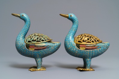 A pair of Chinese cloisonn&eacute; duck-shaped incense burners and covers, Jiaqing