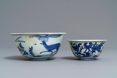 Two Chinese blue and white bowls with animals among flowers, Jiajing