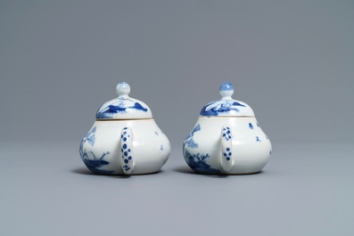 A pair of Chinese blue and white 'Bleu de Hue' Vietnamese market teapots, 19th C.