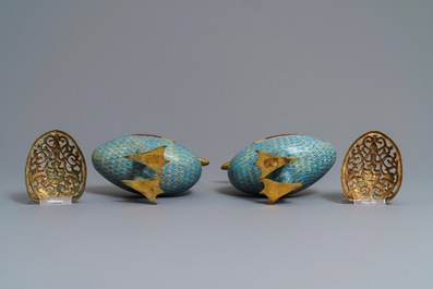 A pair of Chinese cloisonn&eacute; duck-shaped incense burners and covers, Jiaqing