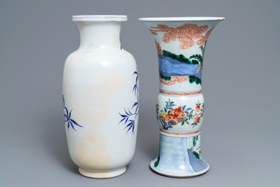 Two Chinese blue and white and wucai vases, Yongzheng and Wanli marks, 19th C.