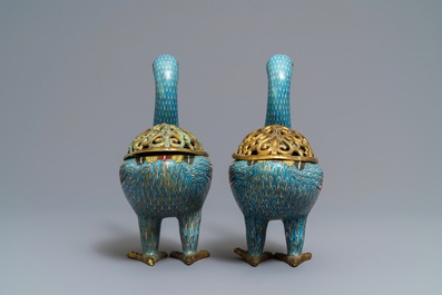 A pair of Chinese cloisonn&eacute; duck-shaped incense burners and covers, Jiaqing