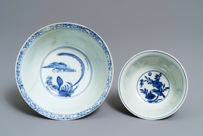 Two Chinese blue and white bowls with animals among flowers, Jiajing