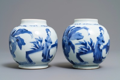A pair of small Chinese blue and white 'Long Eliza' jars, Kangxi