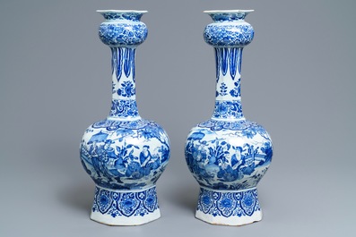 A pair of tall Dutch Delft blue and white chinoiserie vases, late 17th C.