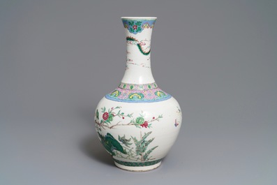 A Chinese famille rose tianqiu ping vase with birds and a dragon, 19th C.