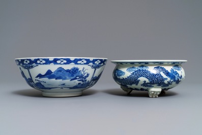 A Chinese blue and white bowl and a 'dragon' incense burner, 19th C.
