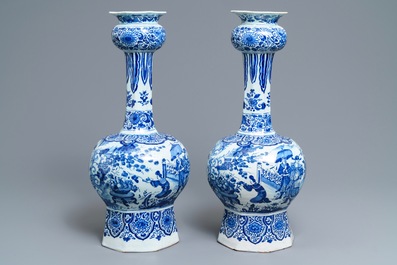 A pair of tall Dutch Delft blue and white chinoiserie vases, late 17th C.
