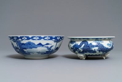 A Chinese blue and white bowl and a 'dragon' incense burner, 19th C.
