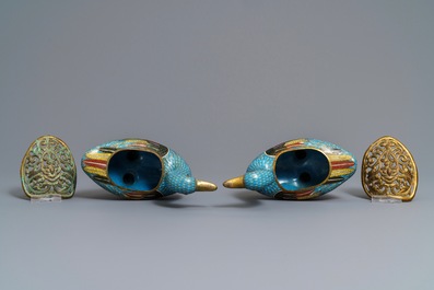 A pair of Chinese cloisonn&eacute; duck-shaped incense burners and covers, Jiaqing