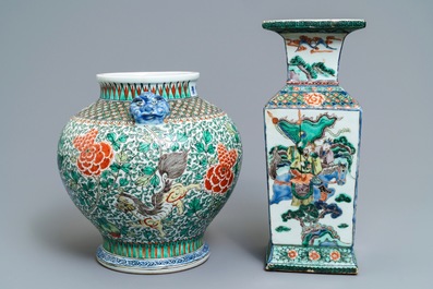 A square Chinese famille verte 'warriors' vase and a wucai 'mythical beasts' vase, 19th C.