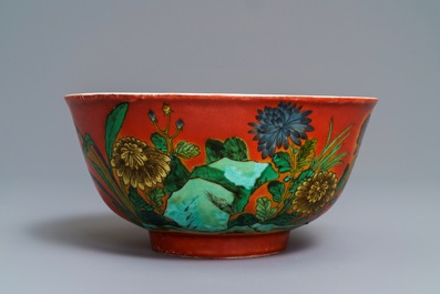 A Chinese coral-red relief-decorated bowl, 19th C.