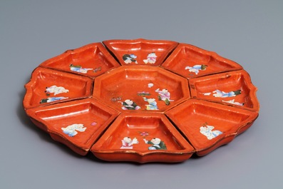 A Chinese famille rose coral red-ground sweetmeat set, Qianlong mark, 19/20th C.