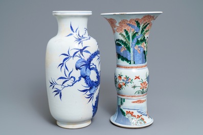 Two Chinese blue and white and wucai vases, Yongzheng and Wanli marks, 19th C.