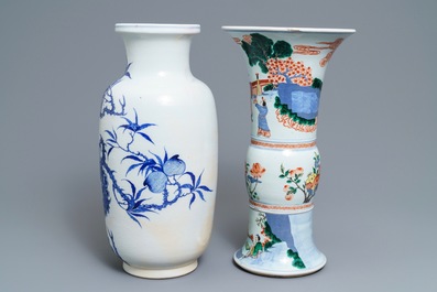 Two Chinese blue and white and wucai vases, Yongzheng and Wanli marks, 19th C.