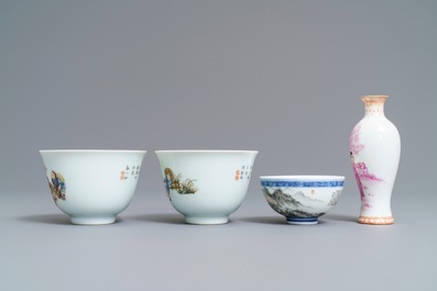 Quatre pi&egrave;ces en porcelaine de Chine famille rose et grisaille en coquille d'oeuf, 20&egrave;me
