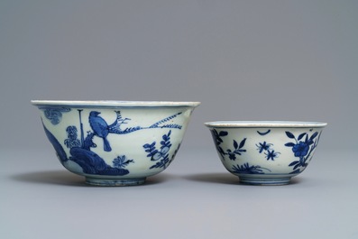 Two Chinese blue and white bowls with animals among flowers, Jiajing