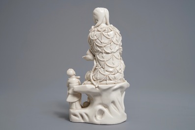 Two Chinese Dehua blanc de Chine models of a Luohan and Guanyin with servant, 19th C.