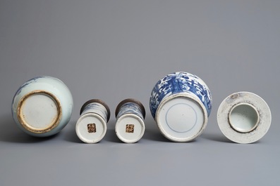 Six Chinese blue and white and famille rose vases, 19th C.