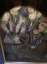 Ecole qajar: Les servantes de Zulaykha se mutilent en pr&eacute;sence de Yusuf, huile sur toile, Iran, 19&egrave;me