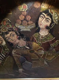 Ecole qajar: Les servantes de Zulaykha se mutilent en pr&eacute;sence de Yusuf, huile sur toile, Iran, 19&egrave;me