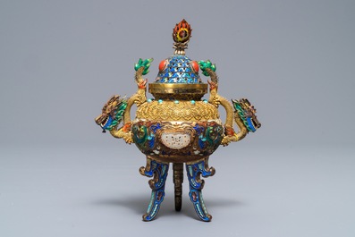 A Chinese jade-inlaid gilt and enamelled silver incense burner and cover, Republic, 20th C.