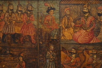 Qajar school: Triptiek met voorstelling van een prinselijke optocht, olie op paneel, Iran, 19e eeuw