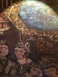 Qajar school: Zulaikha's dienstmeiden verminken zich bij het zien van Yusuf, olie op doek, Iran, 19e eeuw