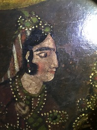 Ecole qajar: Les servantes de Zulaykha se mutilent en pr&eacute;sence de Yusuf, huile sur toile, Iran, 19&egrave;me