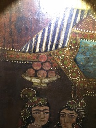 Ecole qajar: Les servantes de Zulaykha se mutilent en pr&eacute;sence de Yusuf, huile sur toile, Iran, 19&egrave;me