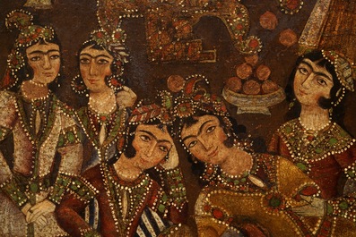 Qajar school: Zulaikha's servants cutting their hands as Yusuf appears, oil on canvas, Iran, 19th C.