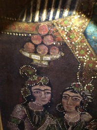 Ecole qajar: Les servantes de Zulaykha se mutilent en pr&eacute;sence de Yusuf, huile sur toile, Iran, 19&egrave;me