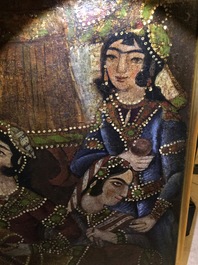 Ecole qajar: Les servantes de Zulaykha se mutilent en pr&eacute;sence de Yusuf, huile sur toile, Iran, 19&egrave;me