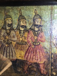 Qajar school: A triptych of a princely parade, oil on panel, Iran, 19th C.